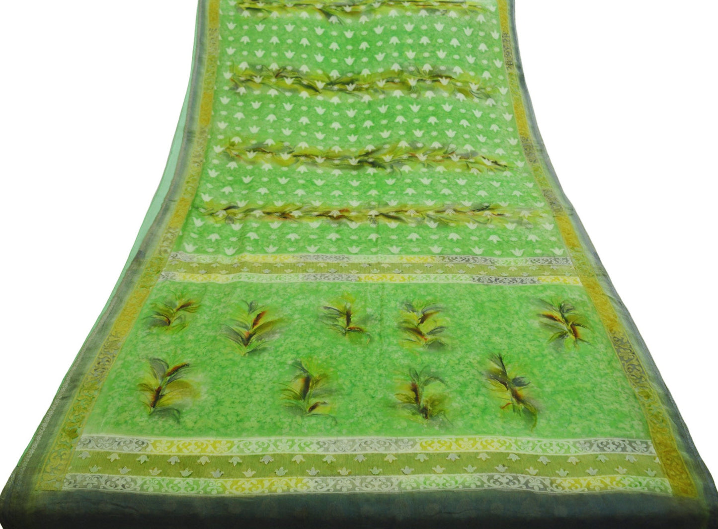 Indian Vintage Sari Green Hand Woven Pure Georgette Silk Saree Fabric 6Yard Ethnic Floral Soft Craft Fabric