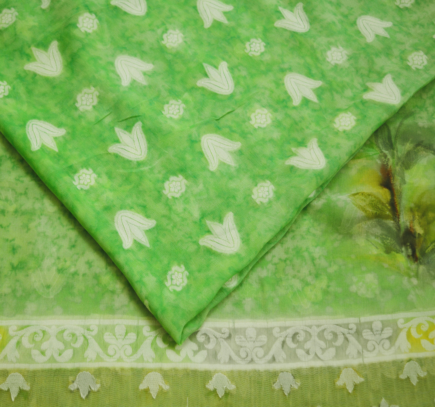 Indian Vintage Sari Green Hand Woven Pure Georgette Silk Saree Fabric 6Yard Ethnic Floral Soft Craft Fabric