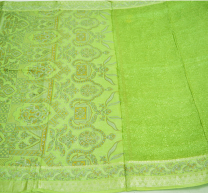 Indian Vintage Sari Green Pure Silk Printed Saree 5yard Sewing Craft Fabric DressMaking Soft Golden Zari
