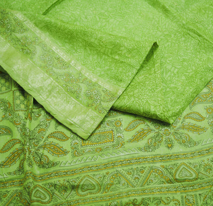 Indian Vintage Sari Green Pure Silk Printed Saree 5yard Sewing Craft Fabric DressMaking Soft Golden Zari