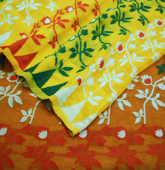 Indian Vintage Sari Red & Yellow Hand Woven saree Cotton Fabric 5Yard Floral Soft Golden Zari
