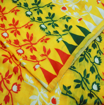 Indian Vintage Sari Red & Yellow Hand Woven saree Cotton Fabric 5Yard Floral Soft Golden Zari