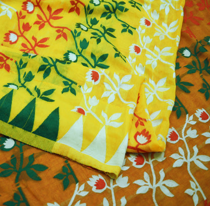 Indian Vintage Sari Red & Yellow Hand Woven saree Cotton Fabric 5Yard Floral Soft Golden Zari