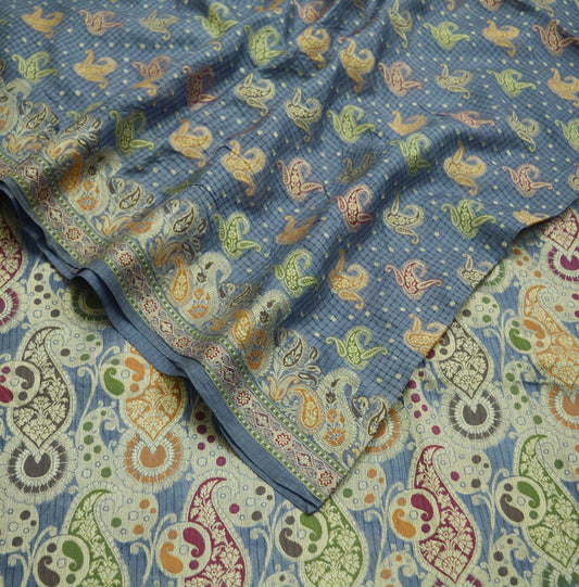 Indian Vintage Sari Gray Pure Tussar Silk Hand Woven Sarees Fabric 5Yard Sewing Ethnic