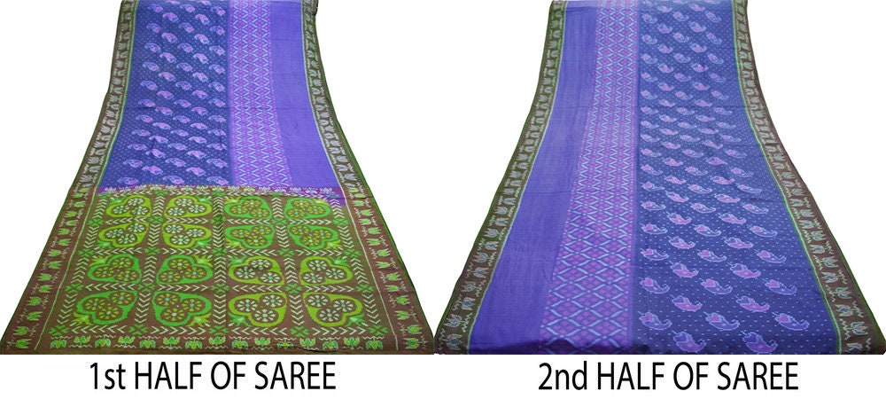 Indian Vintage Brown & Blue Pure Silk Sambhalpuri Hand Woven Ikat Saree Indian Sari Fabric 5Yard Craft Ethnic Premium Saree