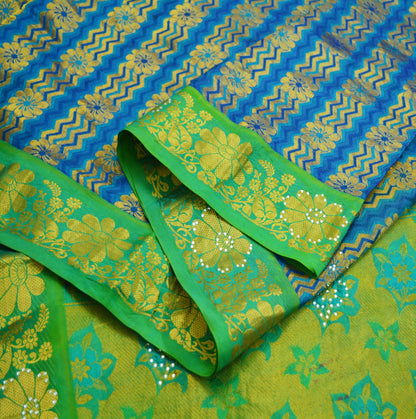 Indian Vintage Heavy Saree Blue & Green Hand Woven Kanjivaram 100% Pure Silk Indian Sari Fabric 5Yard Ethnic Zari Fringes