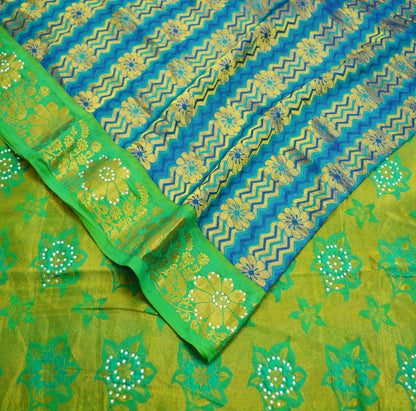 Indian Vintage Heavy Saree Blue & Green Hand Woven Kanjivaram 100% Pure Silk Indian Sari Fabric 5Yard Ethnic Zari Fringes