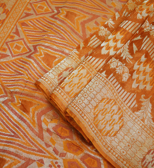Indian Vintage Orange Sarees Pure Organza Silk Woven Indian Sari Fabric 5Yard Sewing Ethnic Golden Zari Floral