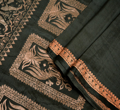 Indian Vintage Heavy Saree Black 100% Pure Silk Hand Woven Kanjivaram Indian Sari Fabric 5Yard Ethnic Zari