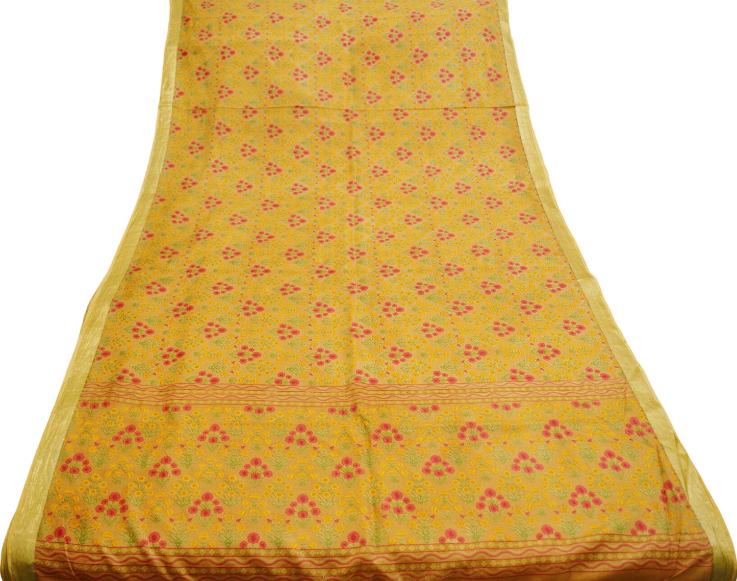 Indian Vintage Sari Beige 100% Pure Silk Printed Saree Fabric 6yd Sewing Craft Fabric DressMaking Floral Zari