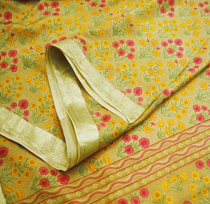 Indian Vintage Sari Beige 100% Pure Silk Printed Saree Fabric 6yd Sewing Craft Fabric DressMaking Floral Zari