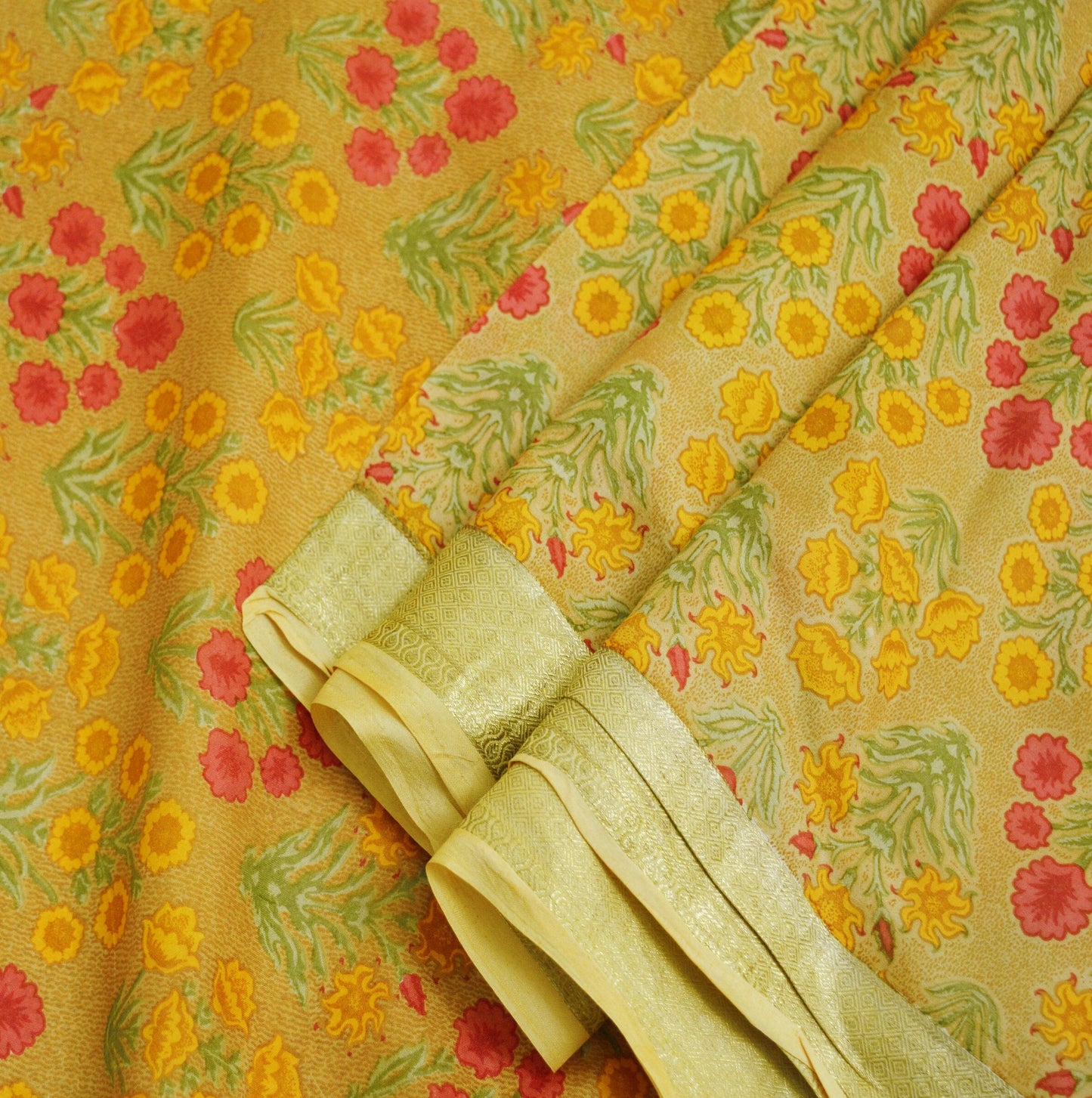 Indian Vintage Sari Beige 100% Pure Silk Printed Saree Fabric 6yd Sewing Craft Fabric DressMaking Floral Zari