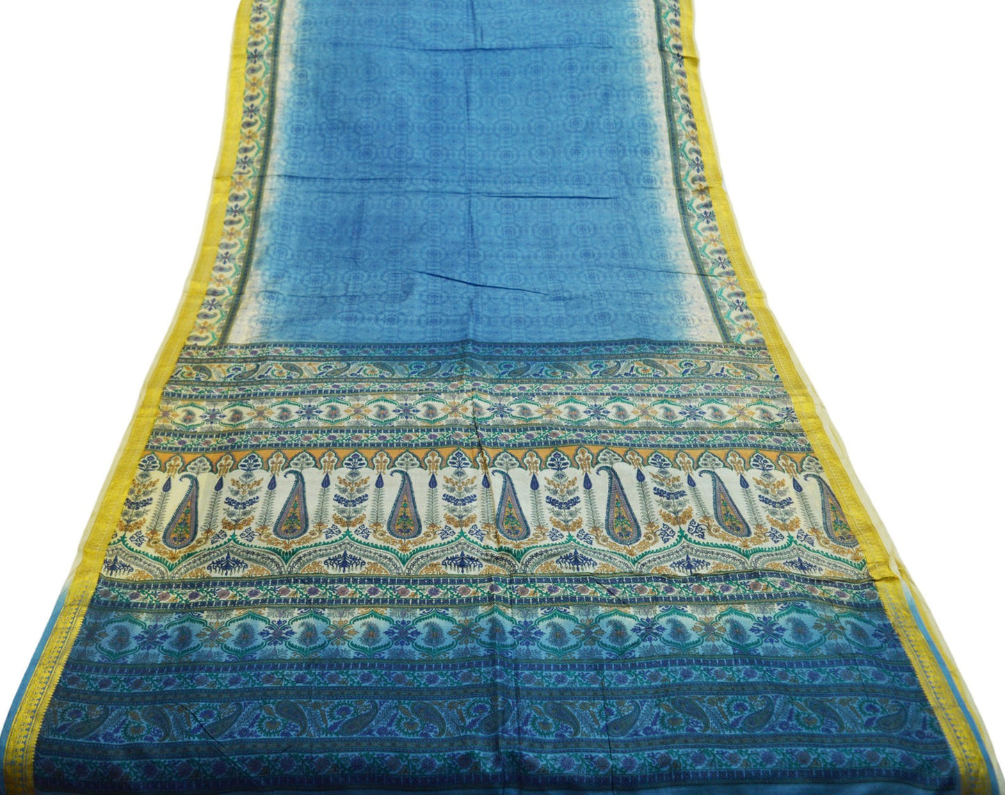 Indian Vintage Sari Blue Pure Silk Printed Saree Fabric 5yard Sewing Craft Fabric DressMaking Soft Wrap Floral Zari