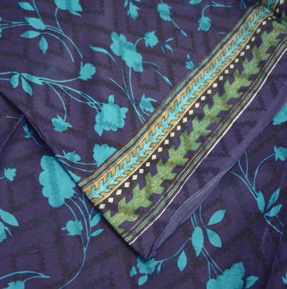 Indian Vintage Sari Blue Pure Silk Printed Saree Fabric 5yard Sewing Craft Fabric DressMaking Soft Wrap Floral