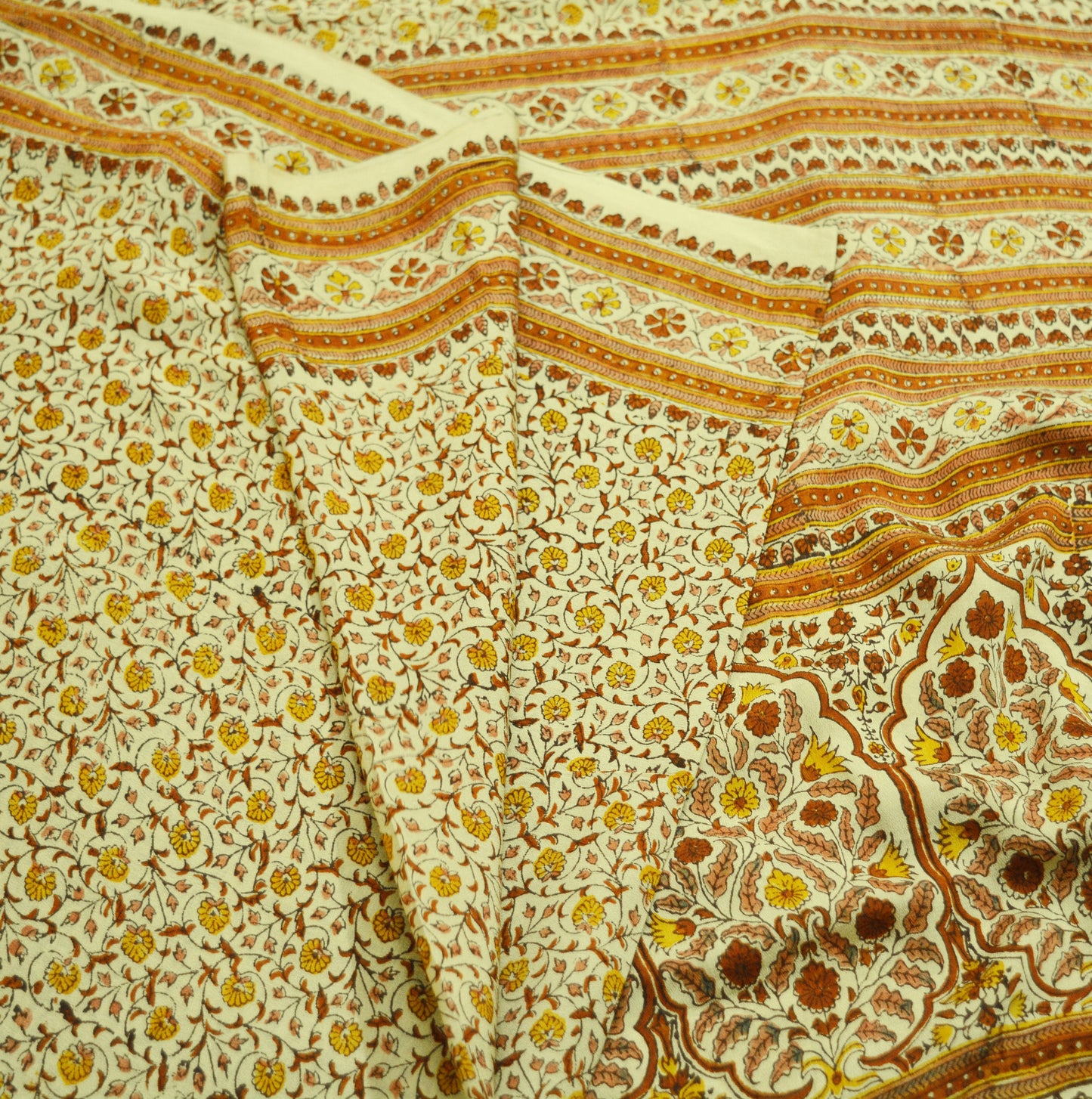 Indian Vintage Sari Beige 100% Pure Silk Printed Saree Fabric 6yard Sewing Craft DressMaking Soft Floral