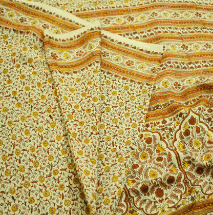 Indian Vintage Sari Beige 100% Pure Silk Printed Saree Fabric 6yard Sewing Craft DressMaking Soft Floral