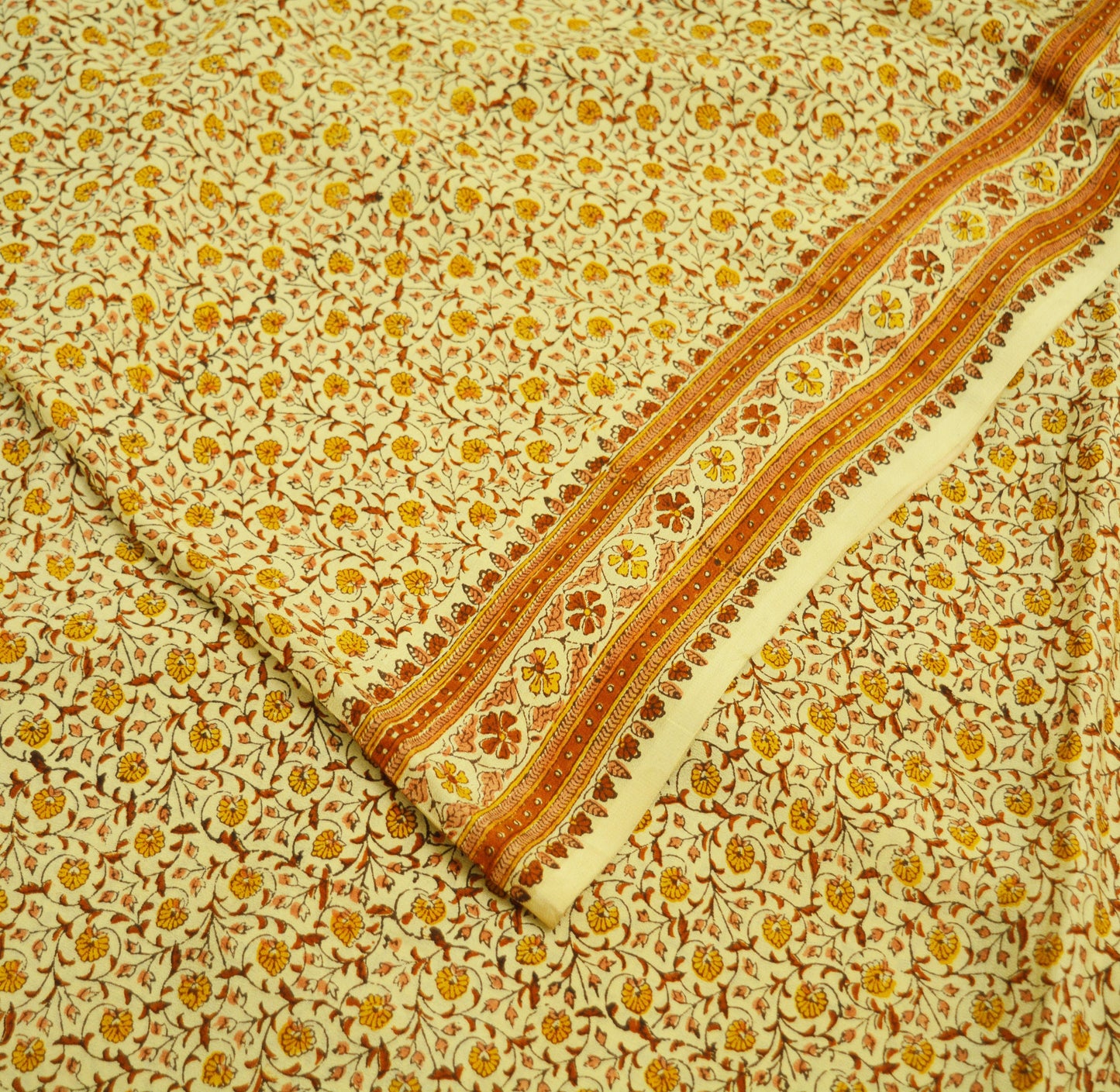 Indian Vintage Sari Beige 100% Pure Silk Printed Saree Fabric 6yard Sewing Craft DressMaking Soft Floral