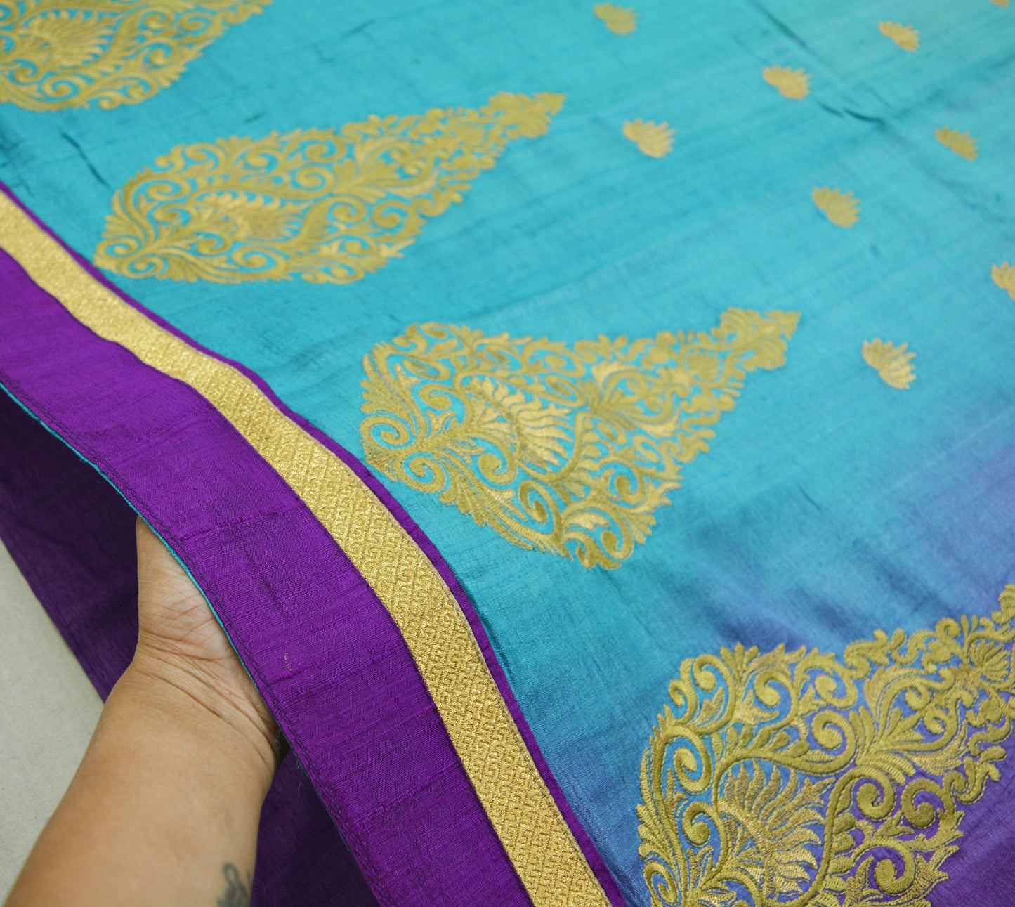 Indian Vintage Purple & Green Saree Pure Khadi Silk Handloom Hand Beaded Indian Sari Fabric 5yard Ethnic Zari