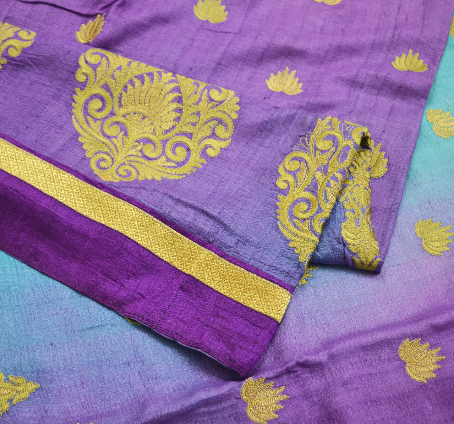 Indian Vintage Purple & Green Saree Pure Khadi Silk Handloom Hand Beaded Indian Sari Fabric 5yard Ethnic Zari