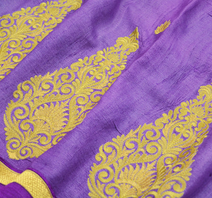 Indian Vintage Purple & Green Saree Pure Khadi Silk Handloom Hand Beaded Indian Sari Fabric 5yard Ethnic Zari