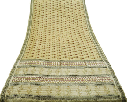 Indian Vintage Beige Saree Pure Khadi Silk Handloom Printed Indian Sari Fabric 6yard Ethnic Wear Floral