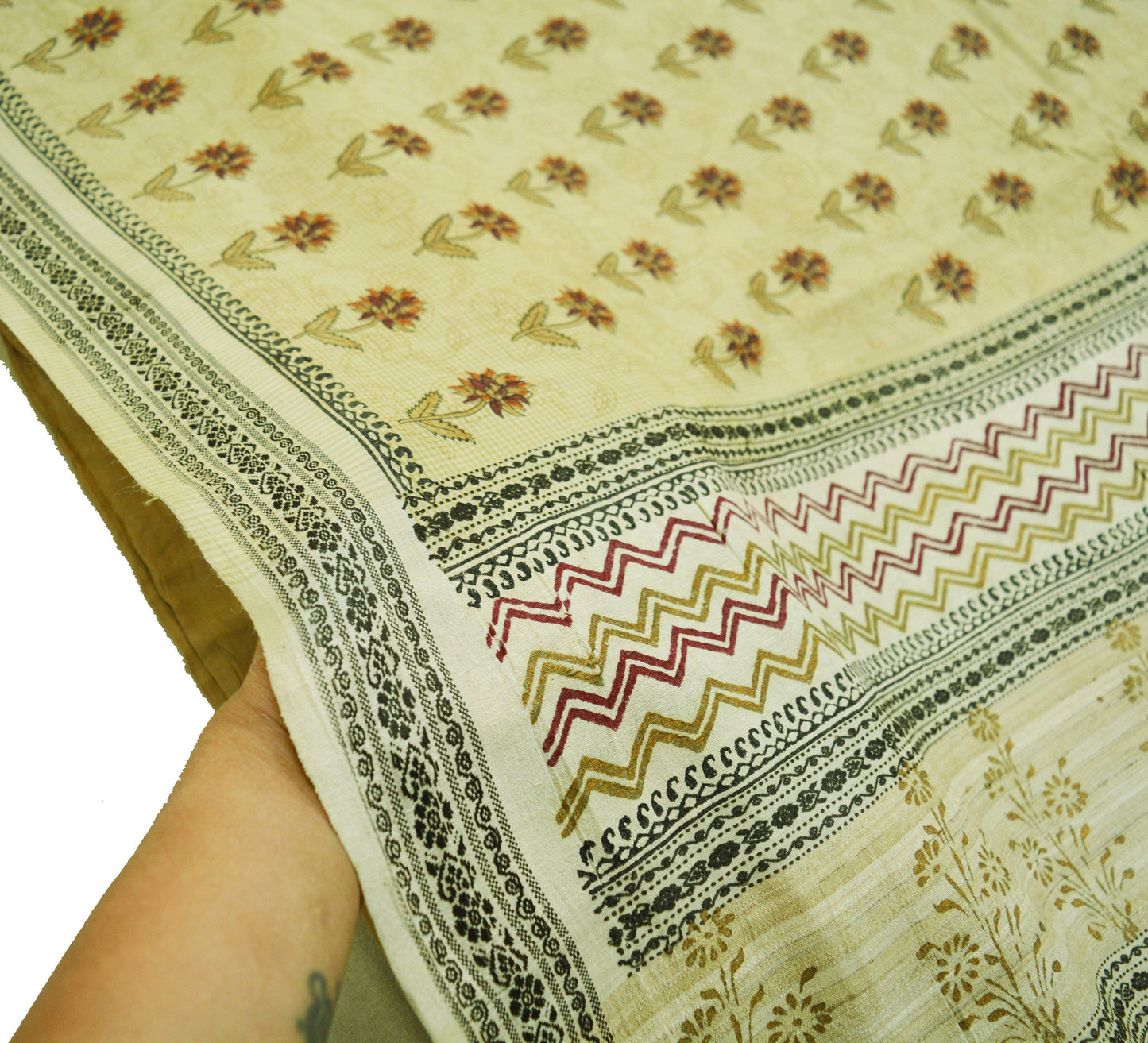 Indian Vintage Beige Saree Pure Khadi Silk Handloom Printed Indian Sari Fabric 6yard Ethnic Wear Floral