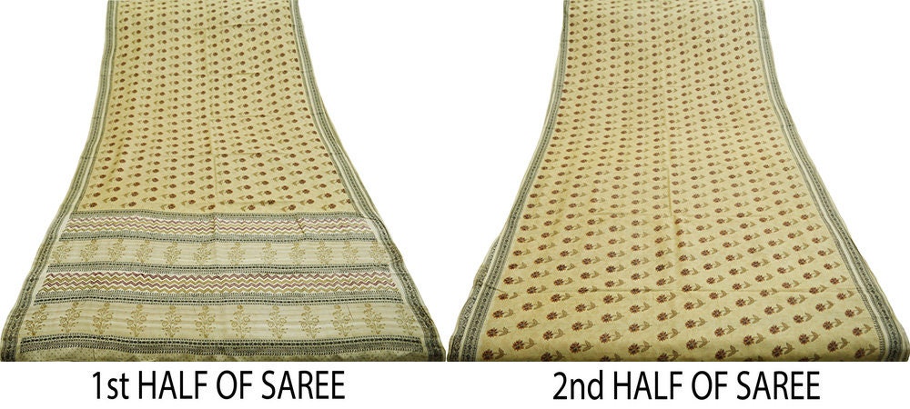 Indian Vintage Beige Saree Pure Khadi Silk Handloom Printed Indian Sari Fabric 6yard Ethnic Wear Floral