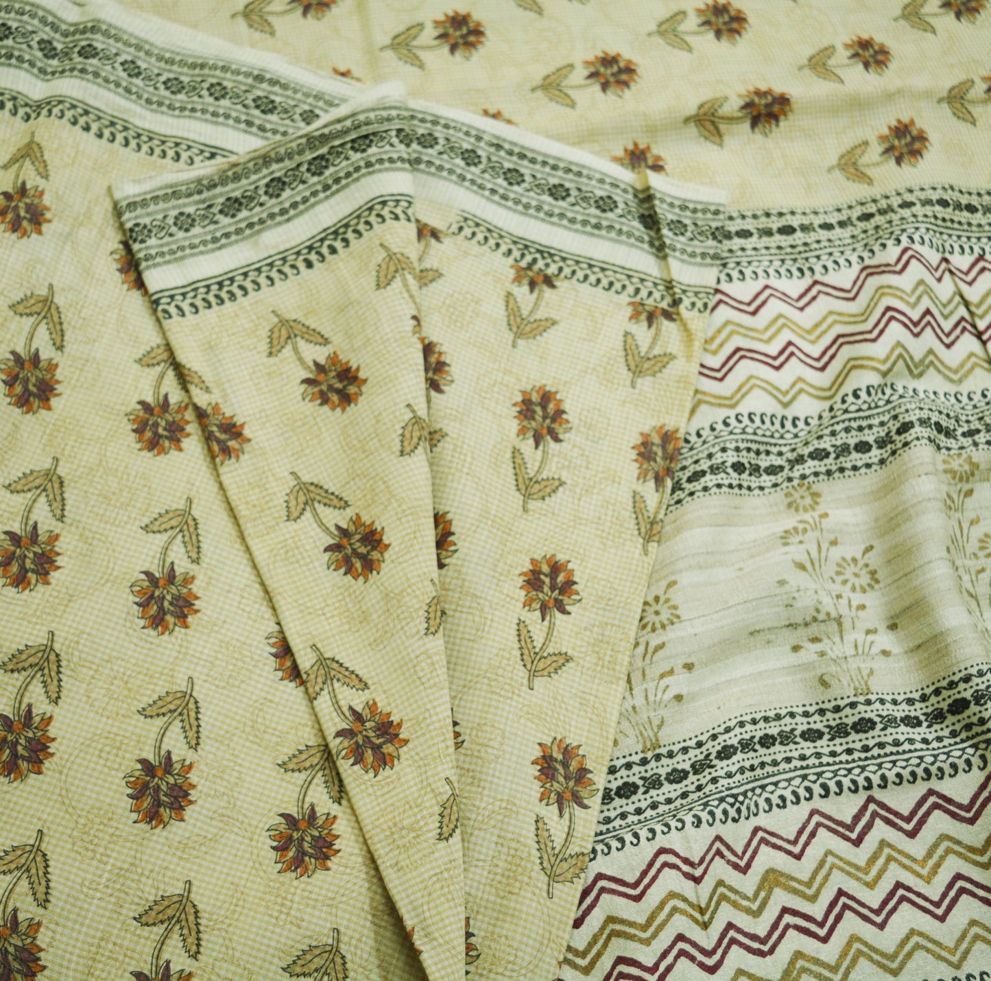 Indian Vintage Beige Saree Pure Khadi Silk Handloom Printed Indian Sari Fabric 6yard Ethnic Wear Floral