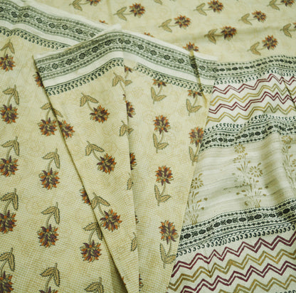 Indian Vintage Beige Saree Pure Khadi Silk Handloom Printed Indian Sari Fabric 6yard Ethnic Wear Floral