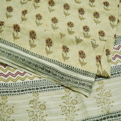 Indian Vintage Beige Saree Pure Khadi Silk Handloom Printed Indian Sari Fabric 6yard Ethnic Wear Floral