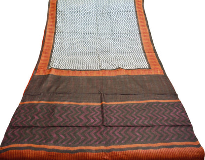 Indian Vintage Brown & Cream Saree Pure Khadi Silk Handloom Printed Indian Sari Fabric 5yard Ethnic Wear Sari Stripes