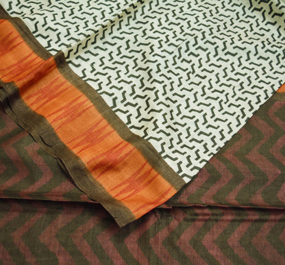 Indian Vintage Brown & Cream Saree Pure Khadi Silk Handloom Printed Indian Sari Fabric 5yard Ethnic Wear Sari Stripes