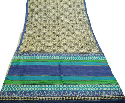 Indian Vintage Cream Saree Pure Khadi Silk Handloom Printed Indian Sari Fabric 5yard Ethnic Wear Sari Floral