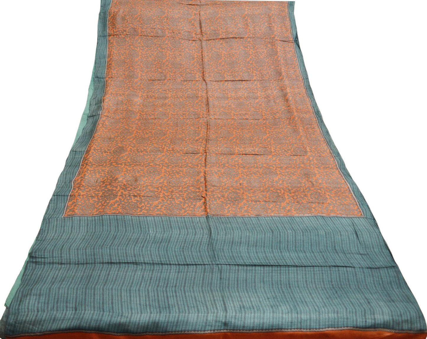 Indian Vintage Orange & Gray Saree Pure Khadi Silk Handloom Printed Indian Sari Fabric 5yard Ethnic Wear Sari Floral