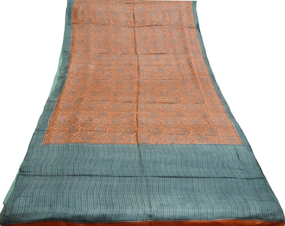 Indian Vintage Orange & Gray Saree Pure Khadi Silk Handloom Printed Indian Sari Fabric 5yard Ethnic Wear Sari Floral