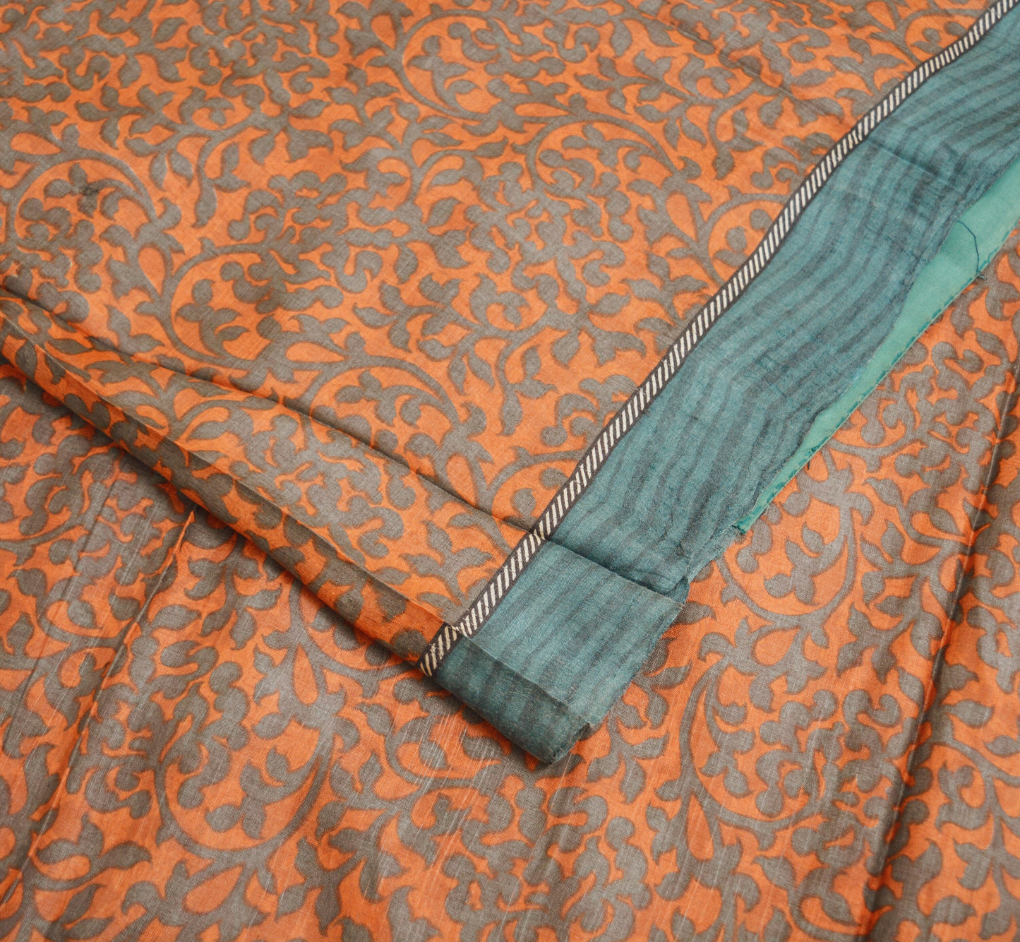 Indian Vintage Orange & Gray Saree Pure Khadi Silk Handloom Printed Indian Sari Fabric 5yard Ethnic Wear Sari Floral