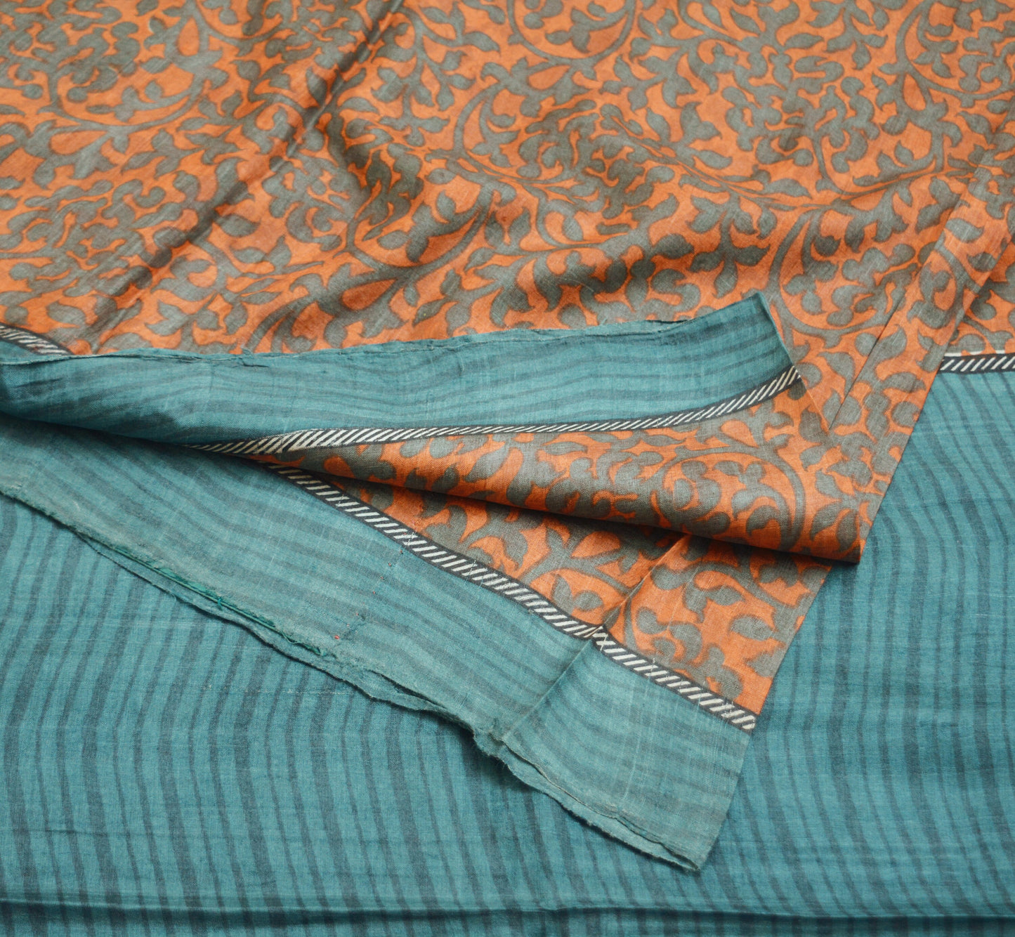 Indian Vintage Orange & Gray Saree Pure Khadi Silk Handloom Printed Indian Sari Fabric 5yard Ethnic Wear Sari Floral