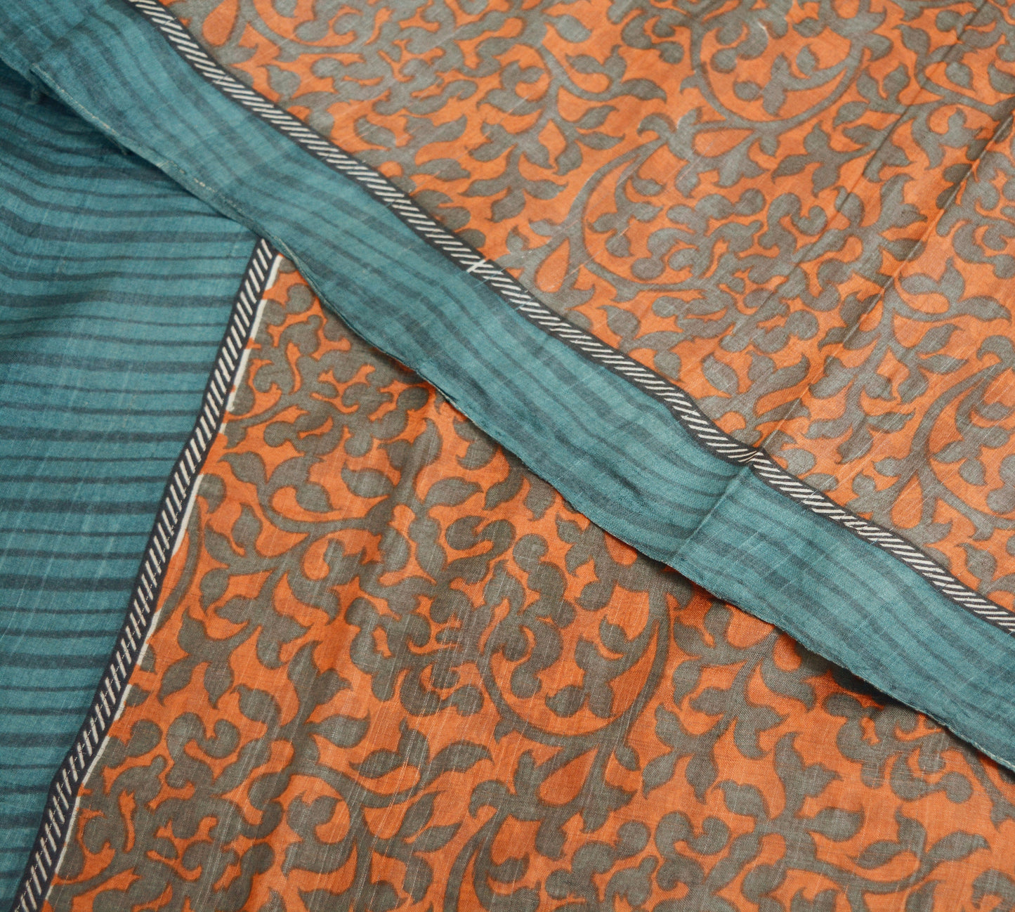 Indian Vintage Orange & Gray Saree Pure Khadi Silk Handloom Printed Indian Sari Fabric 5yard Ethnic Wear Sari Floral