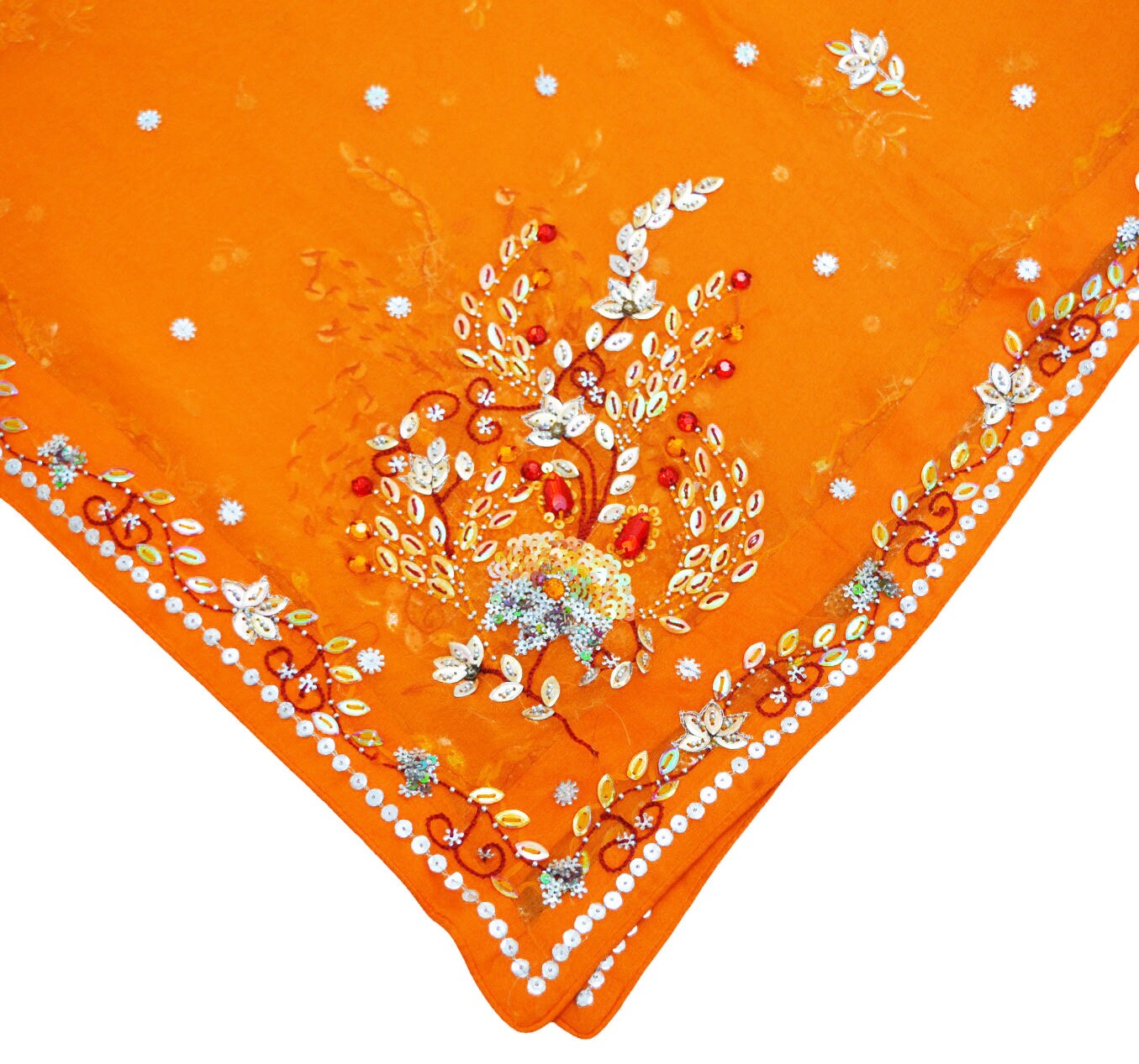 Indian Vintage Orange Dupatta Pure Georgette silk Long Stole Hand Embroidered Scarves Stole Veil Wrap Sequins