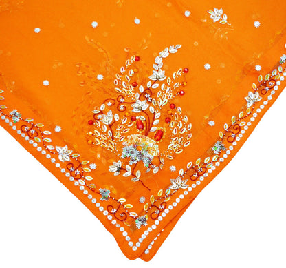 Indian Vintage Orange Dupatta Pure Georgette silk Long Stole Hand Embroidered Scarves Stole Veil Wrap Sequins