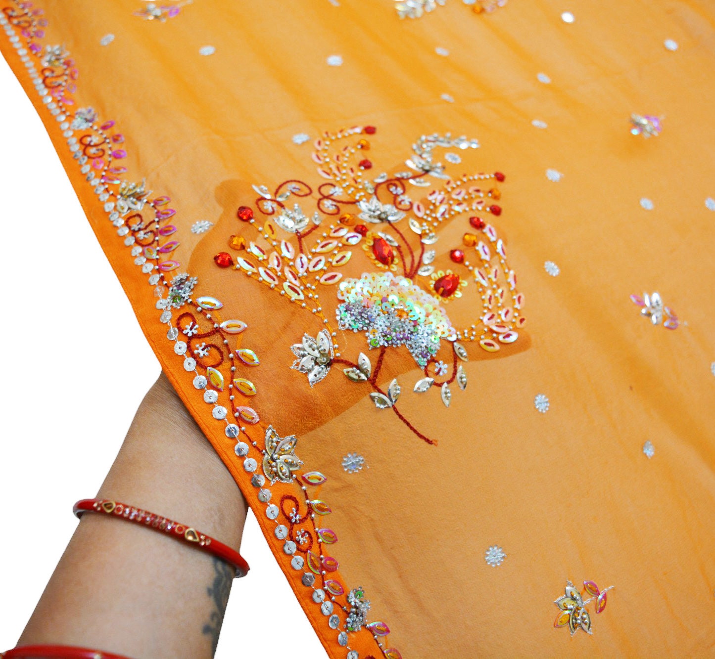 Indian Vintage Orange Dupatta Pure Georgette silk Long Stole Hand Embroidered Scarves Stole Veil Wrap Sequins