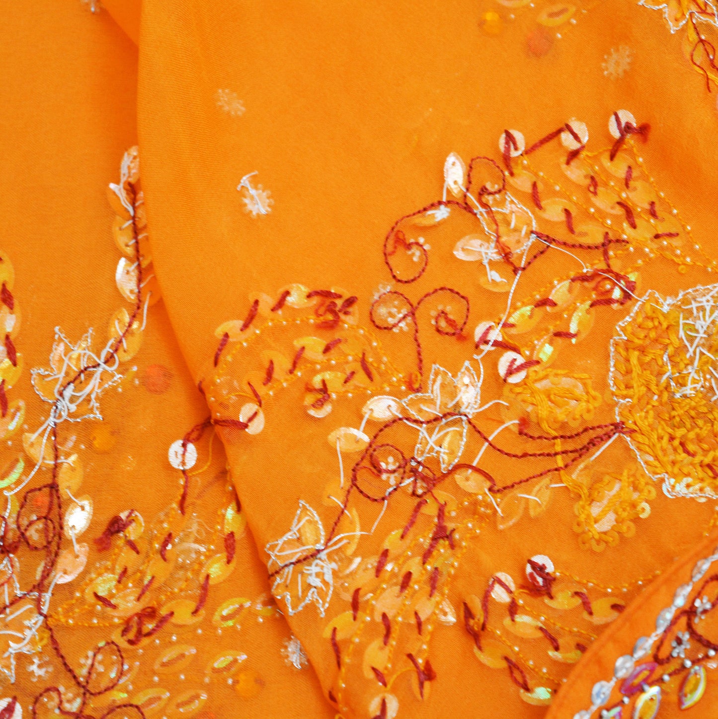 Indian Vintage Orange Dupatta Pure Georgette silk Long Stole Hand Embroidered Scarves Stole Veil Wrap Sequins