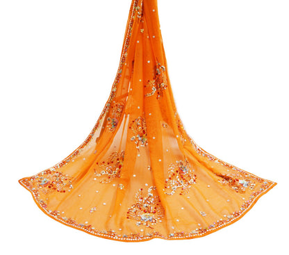 Indian Vintage Orange Dupatta Pure Georgette silk Long Stole Hand Embroidered Scarves Stole Veil Wrap Sequins