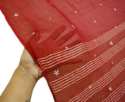 Indian Vintage Red Dupatta Pure silk Long Stole Hand Embroidered Scarves Floral Stole Veil Wrap