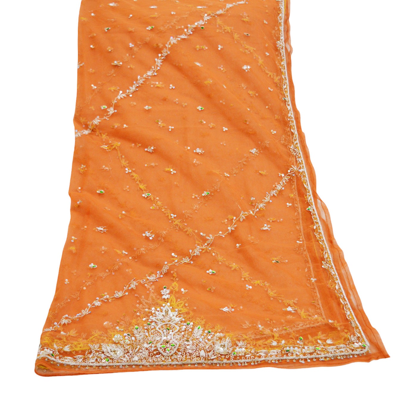 FREE  SHIPPING Indian Vintage Orange Dupatta Net Mesh Long Stole Hand Embroidered Scarves Golden Zardozi Zari Sequins Stole