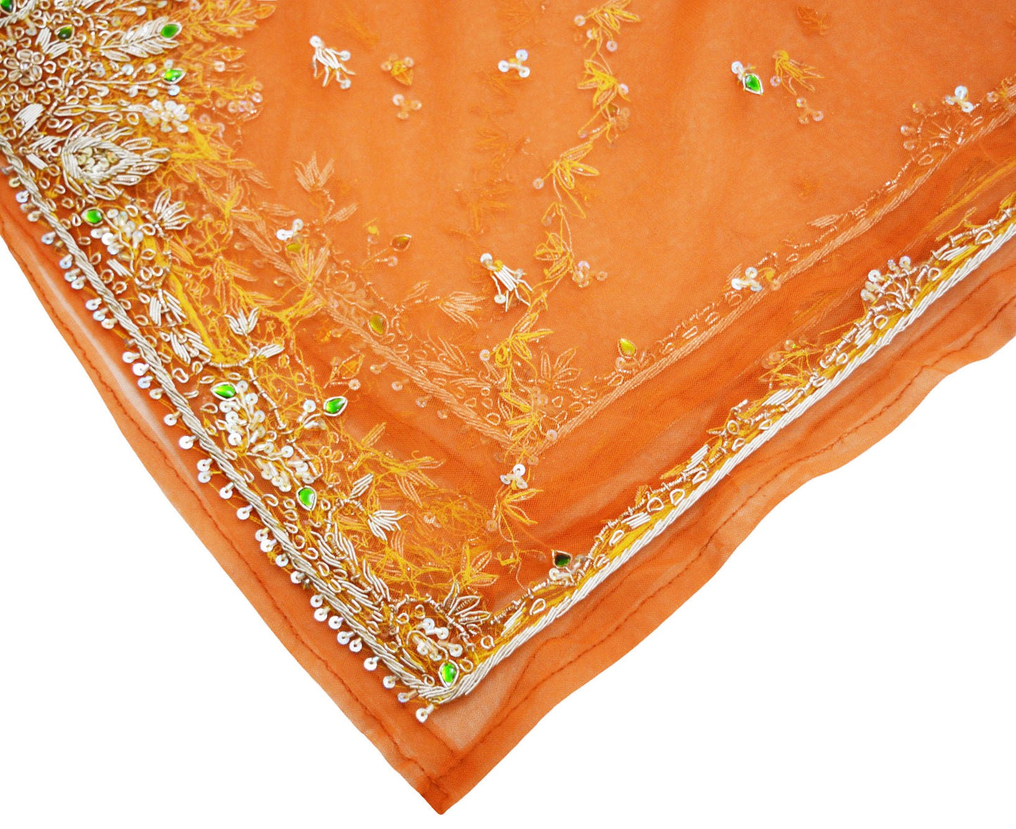 FREE  SHIPPING Indian Vintage Orange Dupatta Net Mesh Long Stole Hand Embroidered Scarves Golden Zardozi Zari Sequins Stole