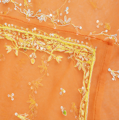 FREE  SHIPPING Indian Vintage Orange Dupatta Net Mesh Long Stole Hand Embroidered Scarves Golden Zardozi Zari Sequins Stole