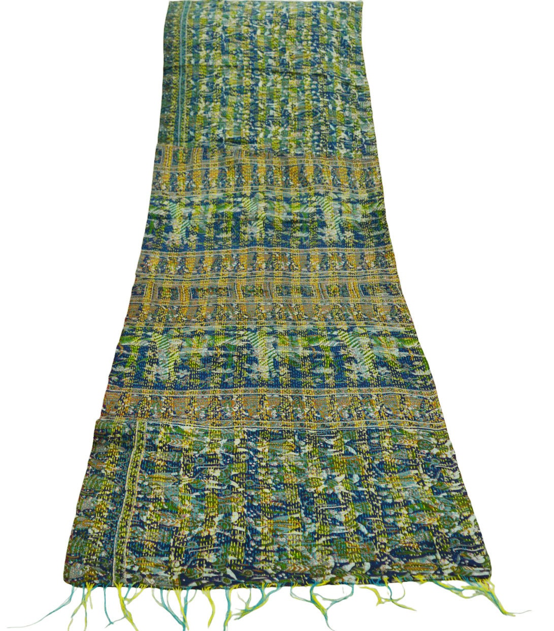 Indian Vintage Beige & Blue Dupatta Long Stole Pure Silk Hand Embroidered Kantha Indian Scarves Veil Scarf Wrap