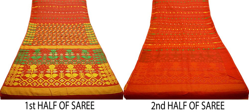 Indian Vintage Sari Red Hand Woven Sari Cotton Saree Fabric 5Yard Floral Soft Golden Zari