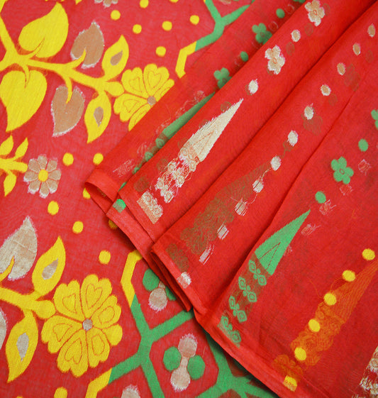 Indian Vintage Sari Red Hand Woven Sari Cotton Saree Fabric 5Yard Floral Soft Golden Zari